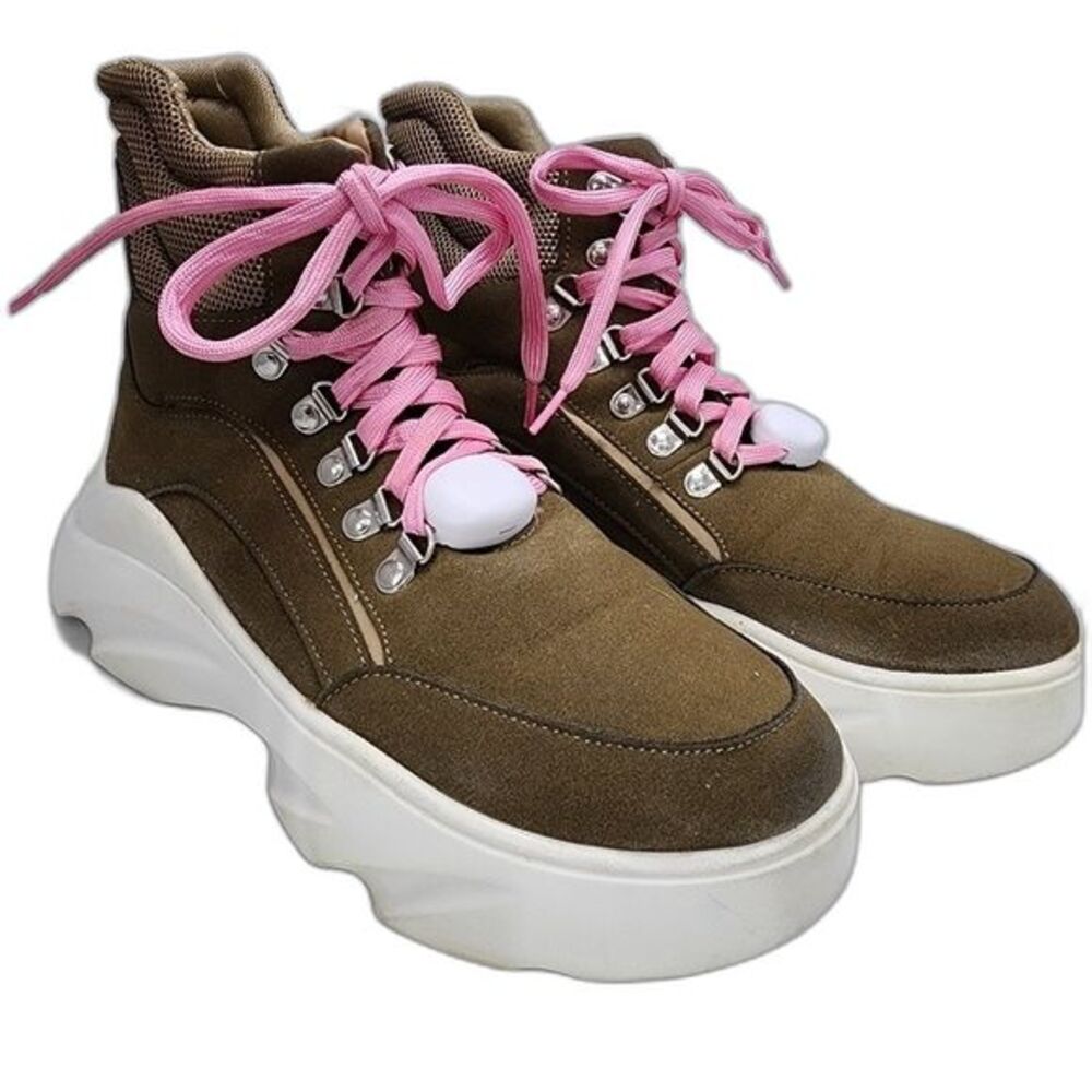 Cape Robbin Aston Brown Vegan Leather Pink Laced Chunky‎ Sole Sneaker Size 8